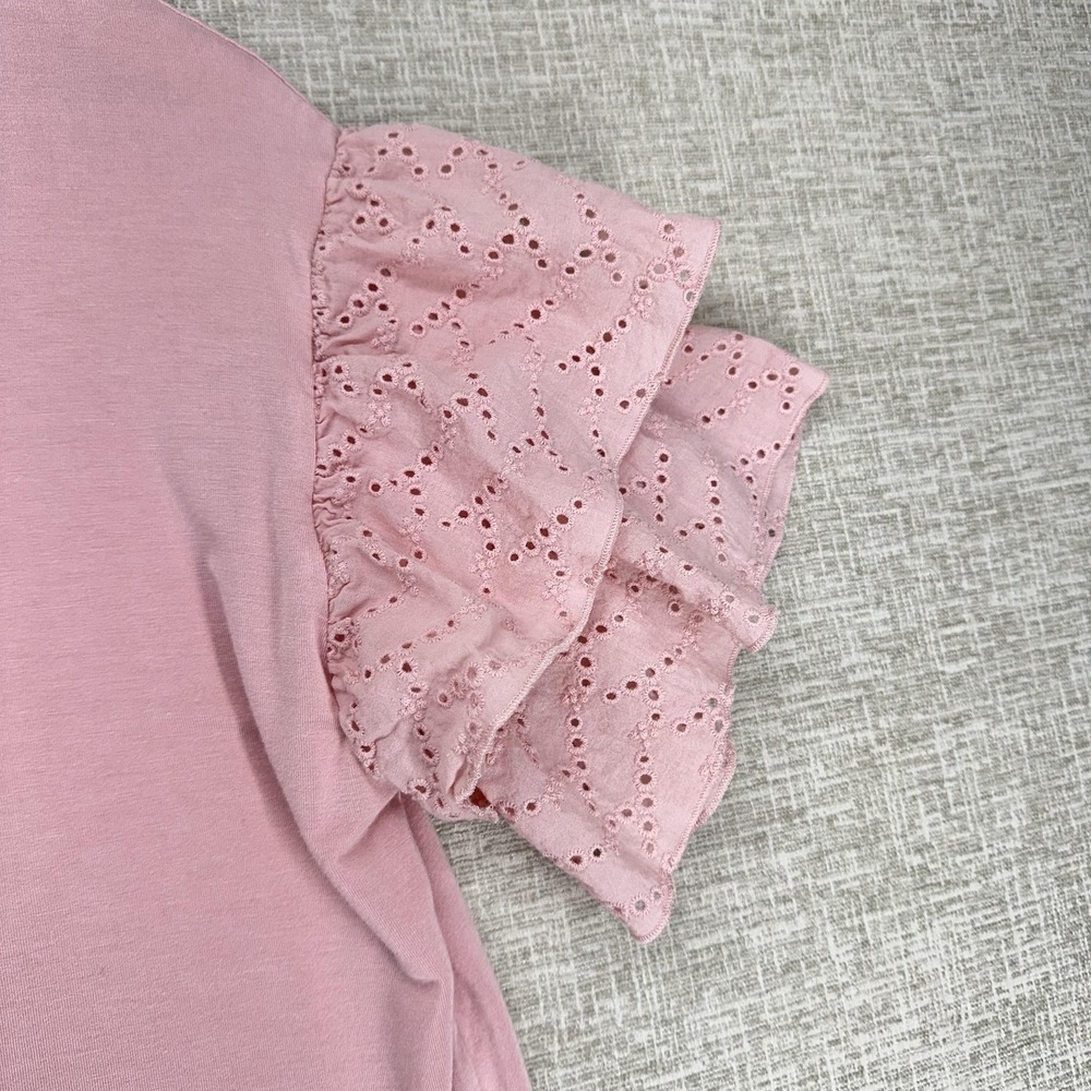 Kelly Renée Shirt Womens Large Pink Eyelet Ruffle Flutter Sleeve Knit Top - Picture 4 of 9